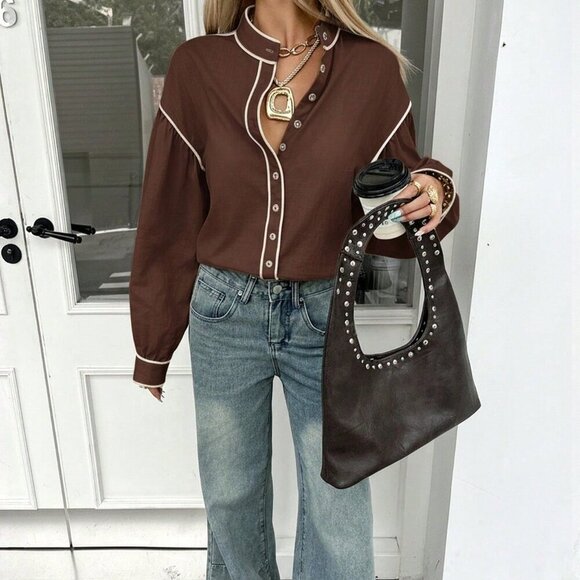 Brown Casual Women's Contrast Trim Long Sleeve Cotton Blouse - Picture 5 of 5
